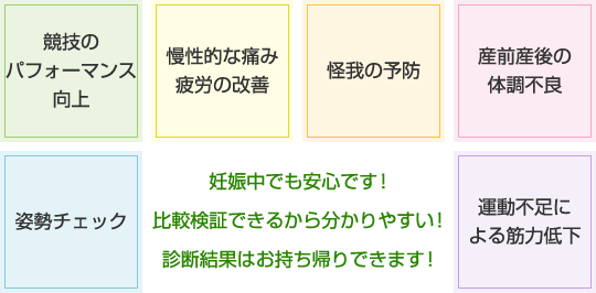 姿勢チェック・競技のパフォーマンス向上・慢性的な痛み疲労の改善・怪我の予防・産前産後の体調不良・運動不足による筋力低下、妊娠中でも安心です！・比較検証できるから分かりやすい！・診断結果はお持ち帰りできます！